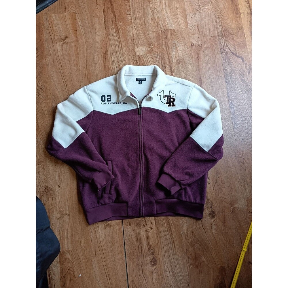 True Religion Fleece Jacket Mens XL Maroon White Colorblock